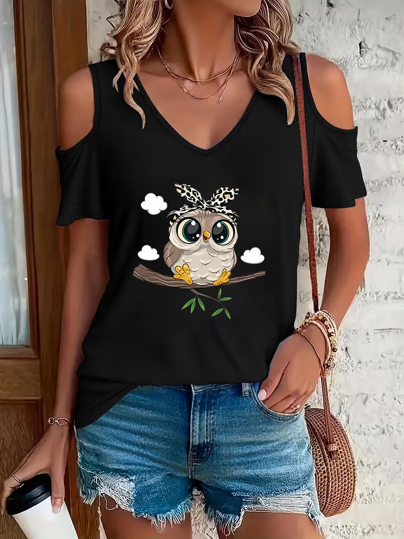 Summer Clothing Drop - Trendy Cartoon Owl Print Off-Shoulder V-Neck