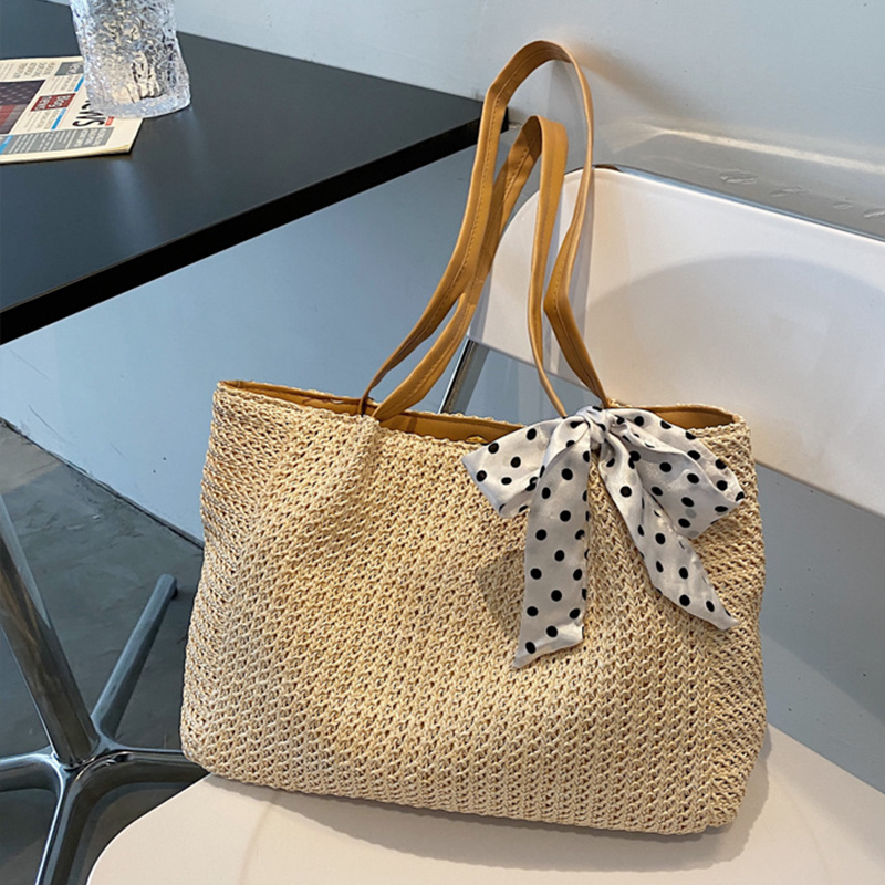Beach Bag Straw - Summer Scarf Bowknot Straw Bag For