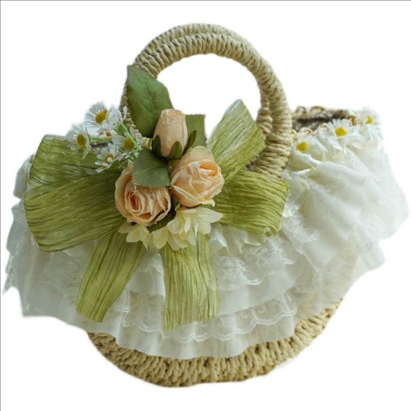 Beach Bag Straw - Country-style Lolita lace straw woven bag,