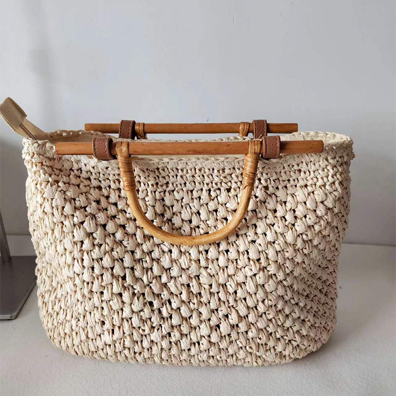 Beach Bag Straw - Wooden Handle Straw Bag Handmade Paper