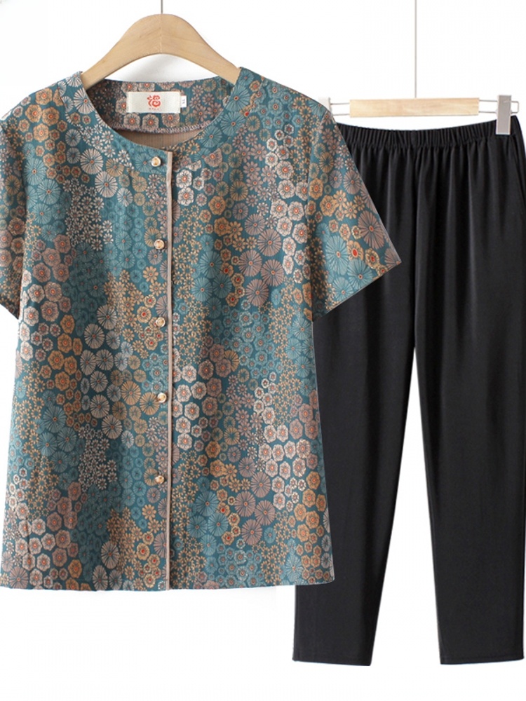 Summer Clothing For Women Over 60 - Grandma Style Short Sleeve Two-Piece Set