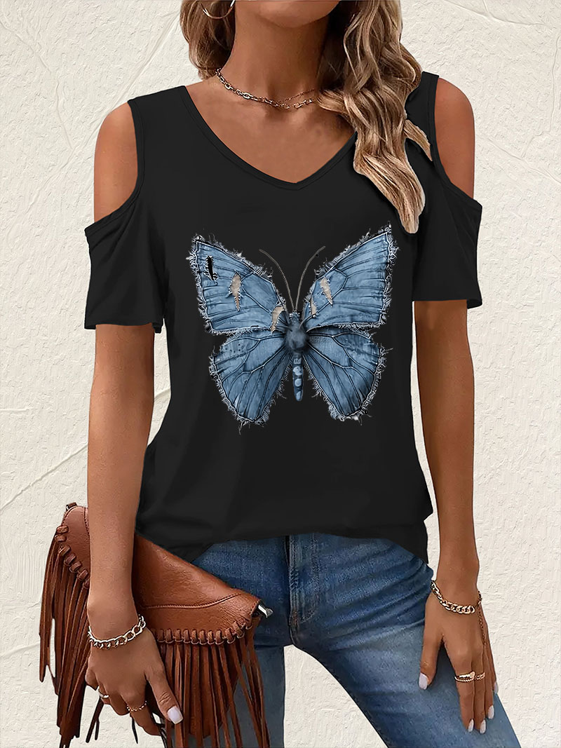 Summer Clothing Drop - Vintage V-Neck Butterfly Print T-shirt Short