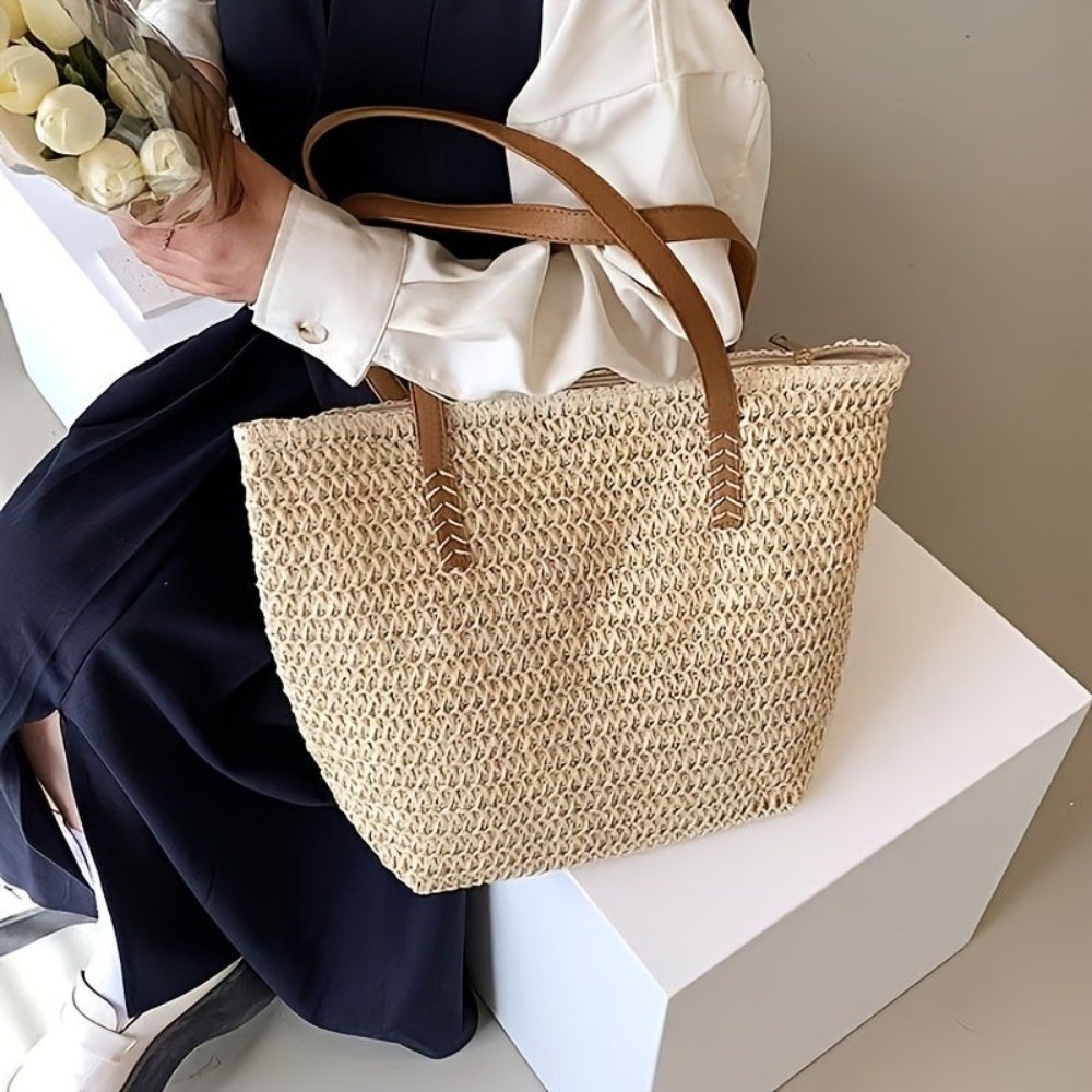Fashion Solid Color Weave Stra - Beach Bag Straw 评论和价格