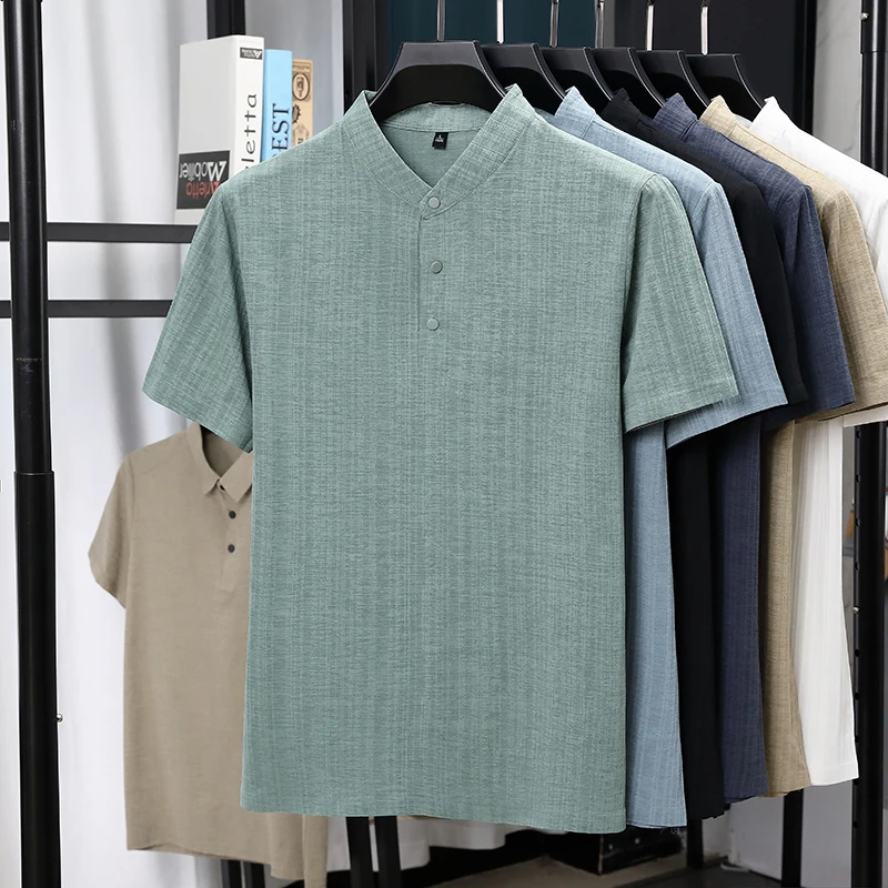 Mens Mandarin Collar Half Plac - Summer Clothing Guys 评论和价格