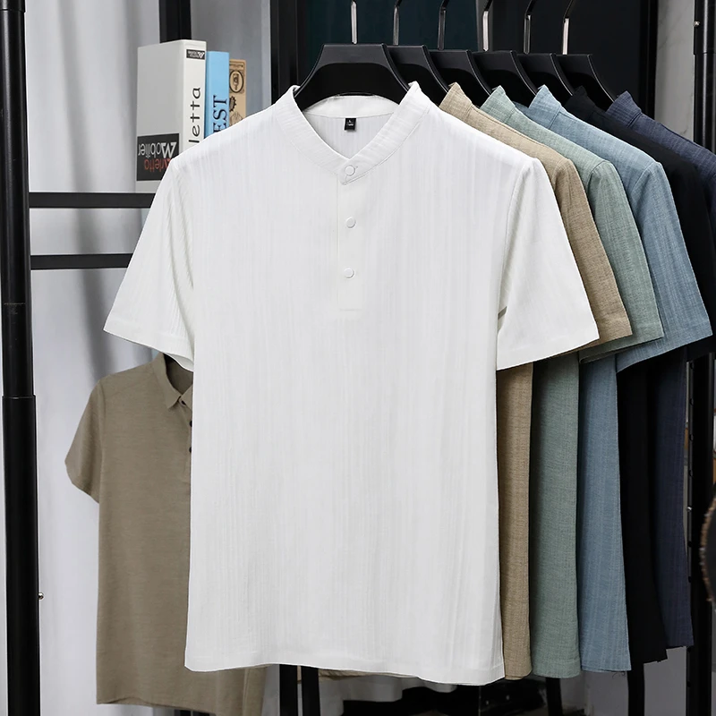 Mens Mandarin Collar Half Plac - Summer Clothing Guys 评论和价格