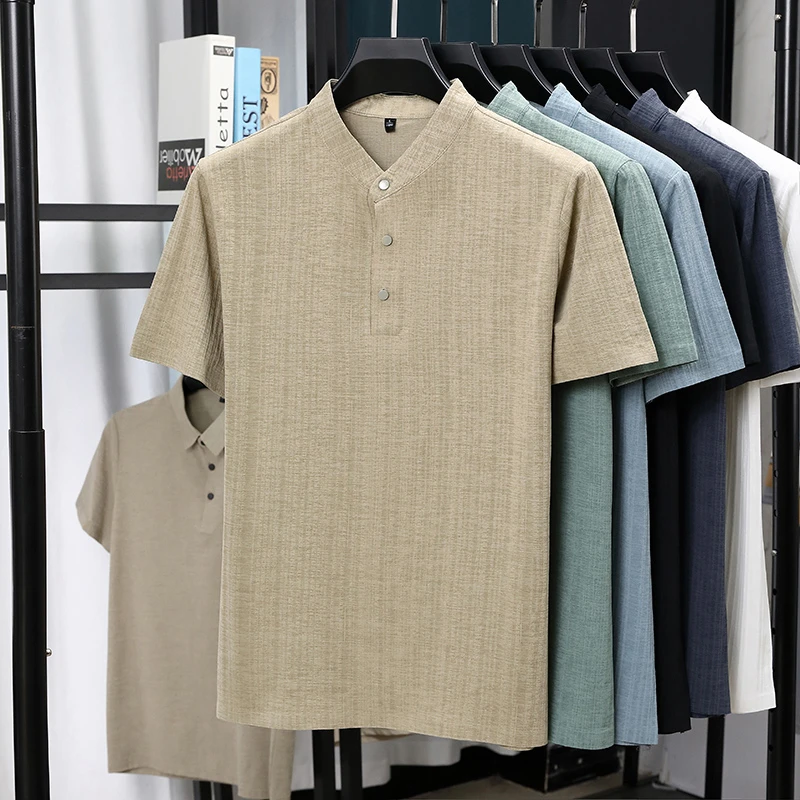 Mens Mandarin Collar Half Plac - Summer Clothing Guys 评论和价格
