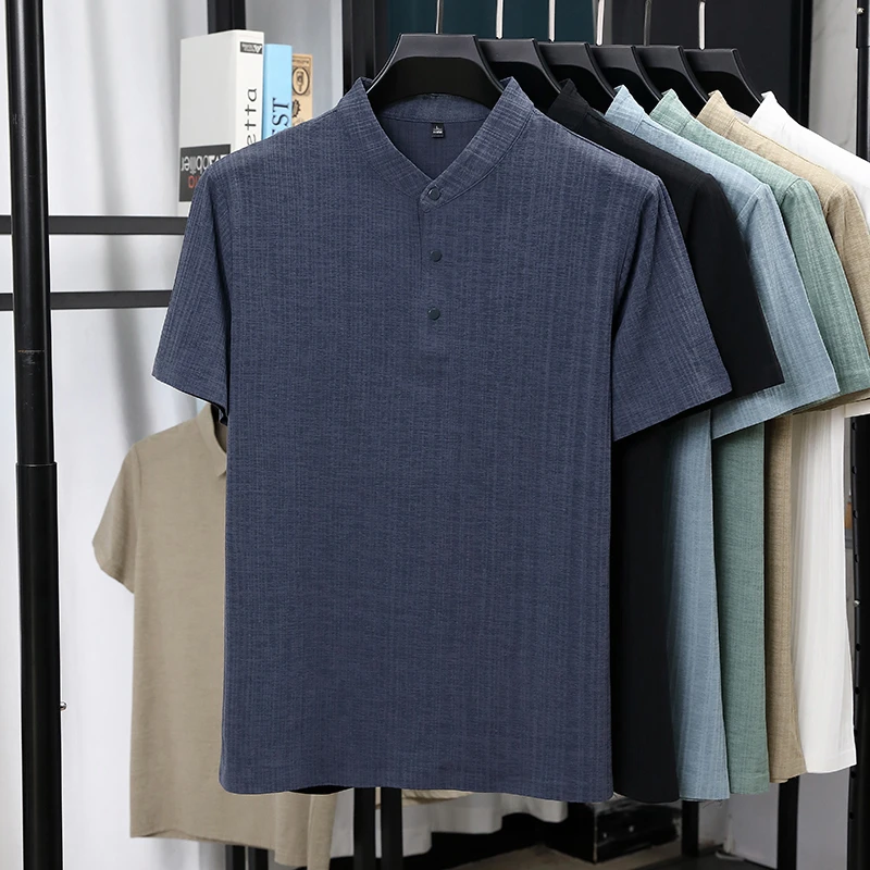 Mens Mandarin Collar Half Plac - Summer Clothing Guys 评论和价格