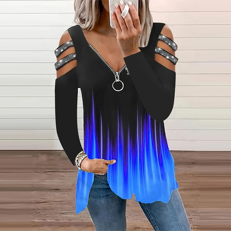 Gradient Color Zipper V Neck T - Summer Clothing Drop 评论和价格