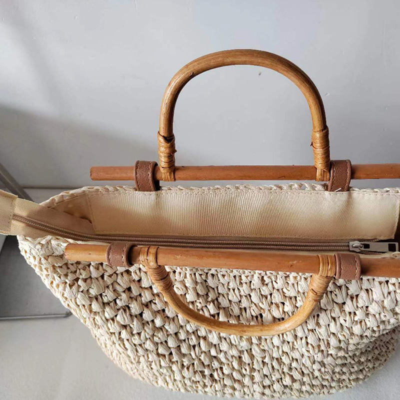 Wooden Handle Straw Bag Handma - Beach Bag Straw 评论和价格