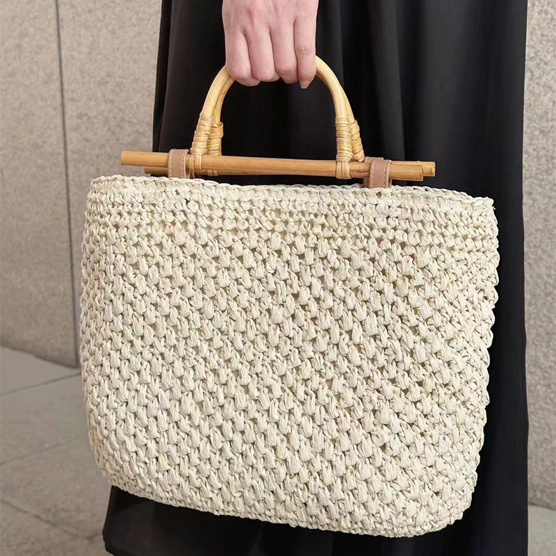 Wooden Handle Straw Bag Handma - Beach Bag Straw 评论和价格