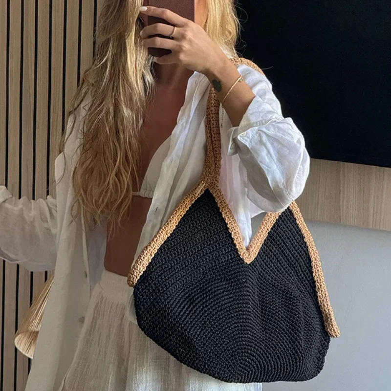 Colorblock Straw Woven Tote Ba - Beach Bag Straw 评论和价格